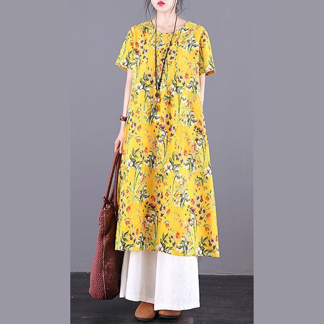 Women o neck pockets linen dress Runway yellow print Dresses summer - Omychic