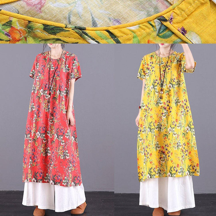 Women o neck pockets linen dress Runway yellow print Dresses summer - Omychic