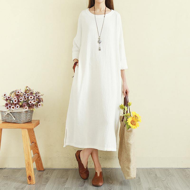 Women o neck side open cotton dress top quality Sewing white Art Dresses - Omychic