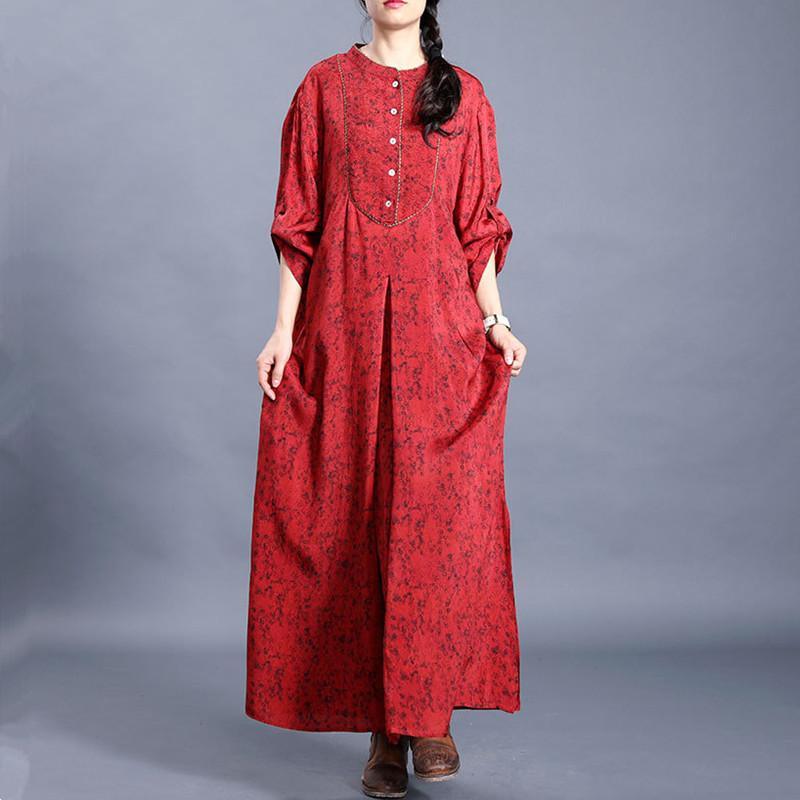 Women o neck side open spring dresses Tutorials red print long Dresses - Omychic