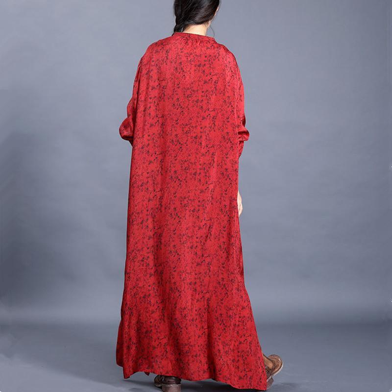 Women o neck side open spring dresses Tutorials red print long Dresses - Omychic