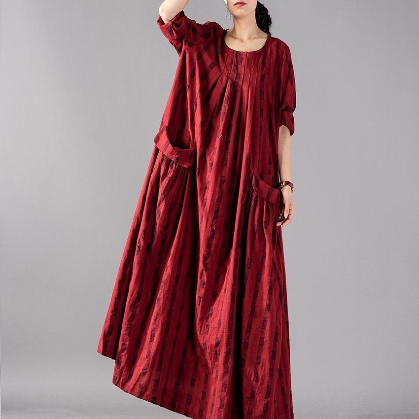 Women o neck wrinkled cotton quilting dresses Korea Outfits red Plaid cotton robes Dress spring - Omychic