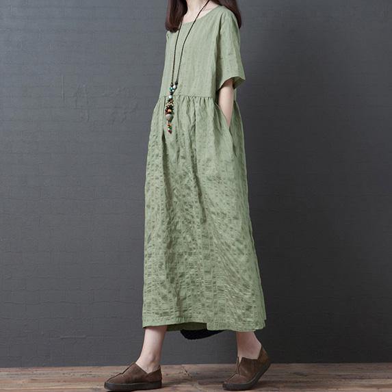 Women o neck wrinkled linen Long Shirts Outfits green Dress summer - Omychic