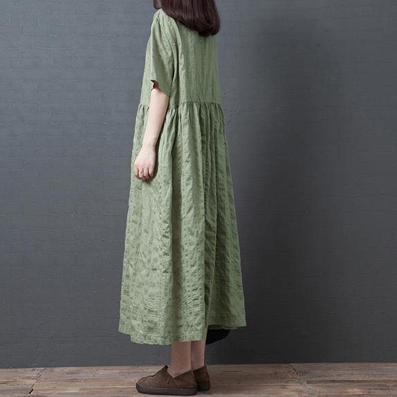 Women o neck wrinkled linen Long Shirts Outfits green Dress summer - Omychic