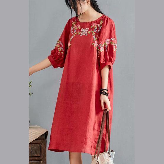 Women o neckl half sleeve linen dress pattern burgundy embroidery Dresses summer - Omychic