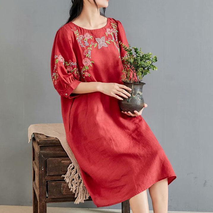 Women o neckl half sleeve linen dress pattern burgundy embroidery Dresses summer - Omychic