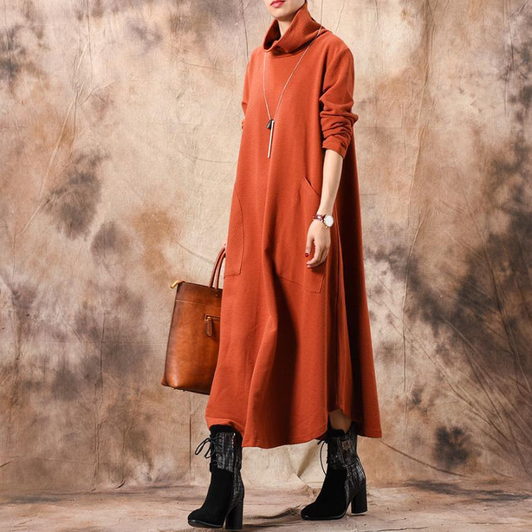 Women orange Sweater knit top pattern plus size Art high neck pockets knit dress - Omychic