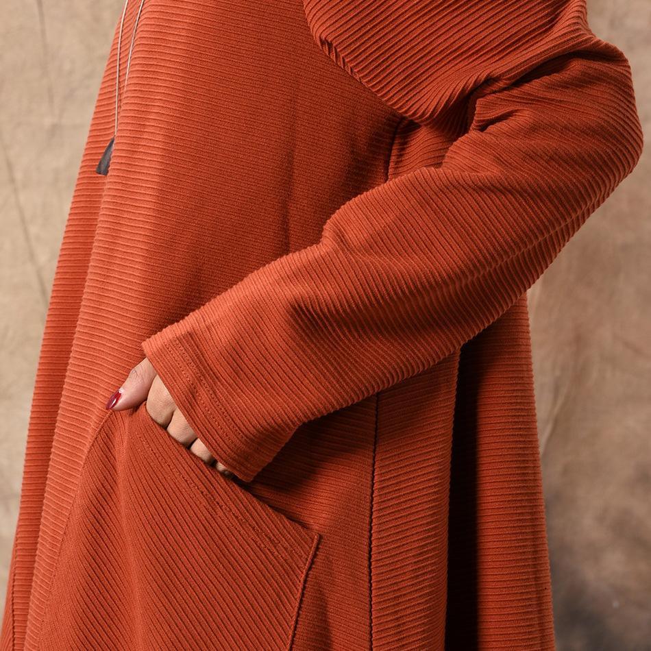 Women orange Sweater knit top pattern plus size Art high neck pockets knit dress - Omychic