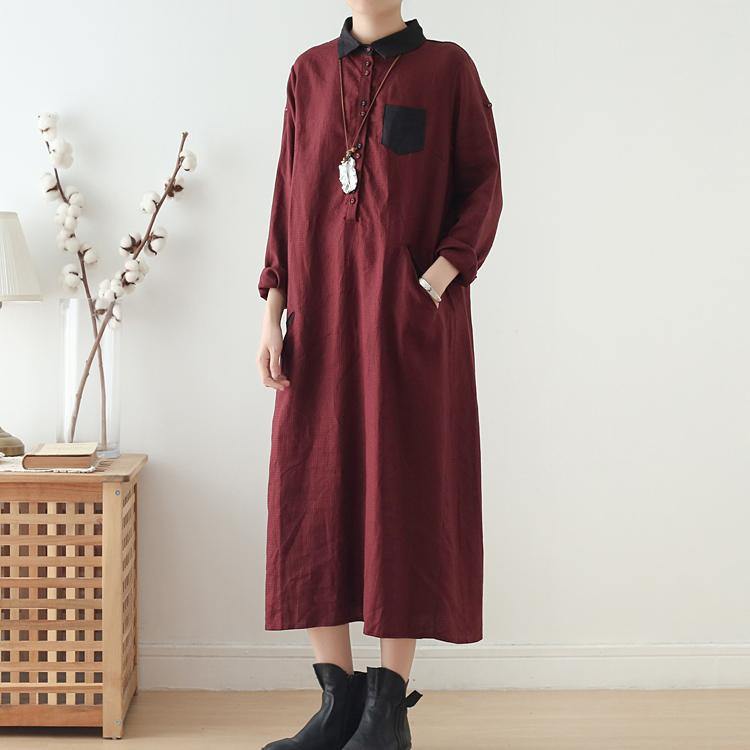Women patchwork POLO collar linen cotton clothes Sewing burgundy Dresses fall - Omychic