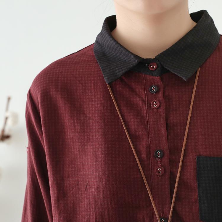 Women patchwork POLO collar linen cotton clothes Sewing burgundy Dresses fall - Omychic