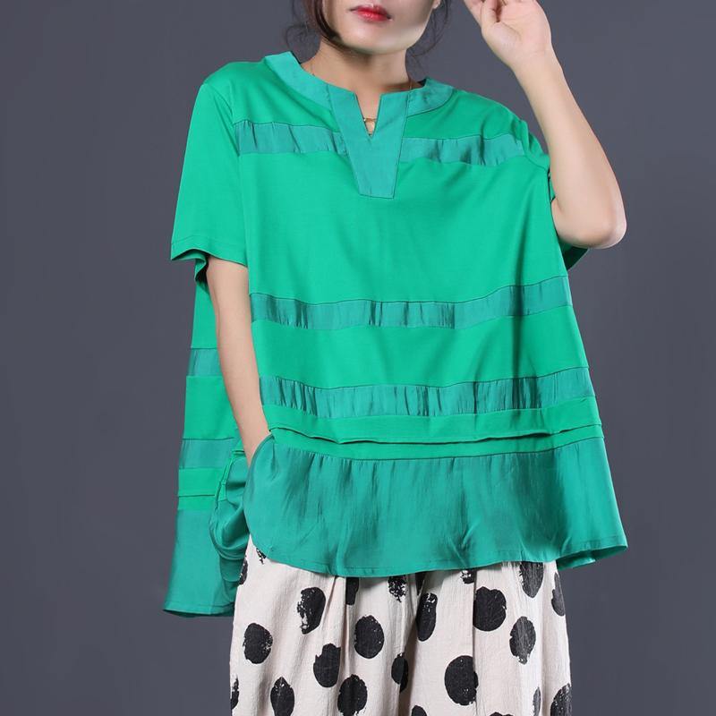 Women patchwork cotton tunic top Cotton green v neck blouses summer - Omychic