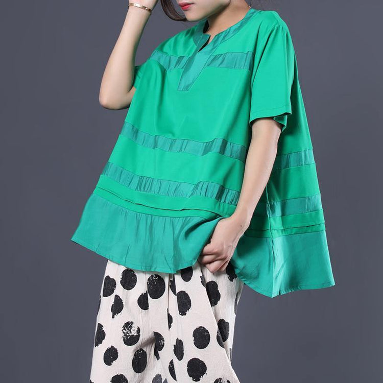 Women patchwork cotton tunic top Cotton green v neck blouses summer - Omychic