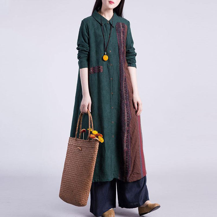 Women patchwork cotton tunic top Work Outfits green Traveling  Shirt Dress atumn - Omychic