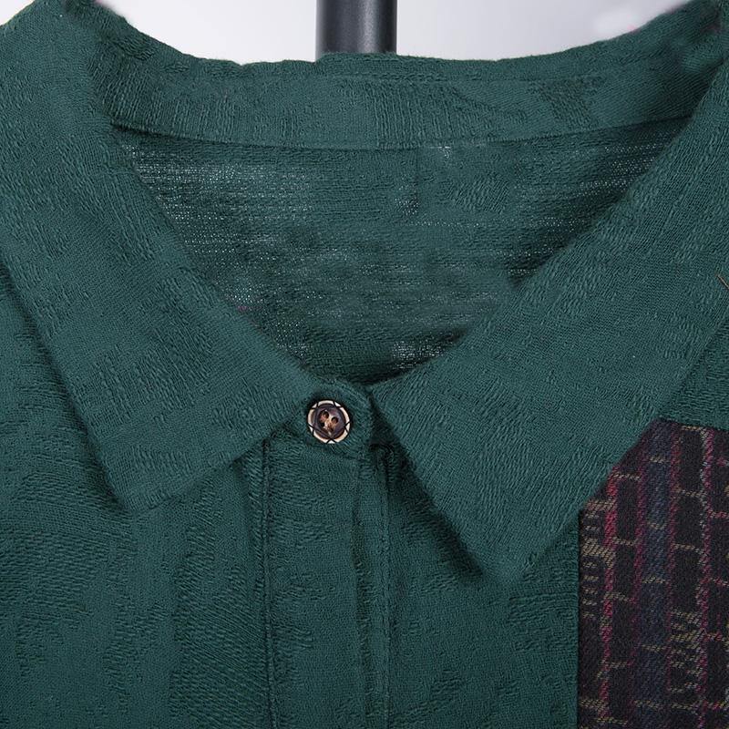 Women patchwork cotton tunic top Work Outfits green Traveling  Shirt Dress atumn - Omychic