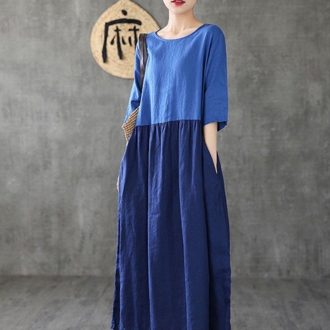 Women Patchwork Half Sleeve Linen Dresses Fashion Ideas Blue Dress Summer ( Limited Stock) - Omychic