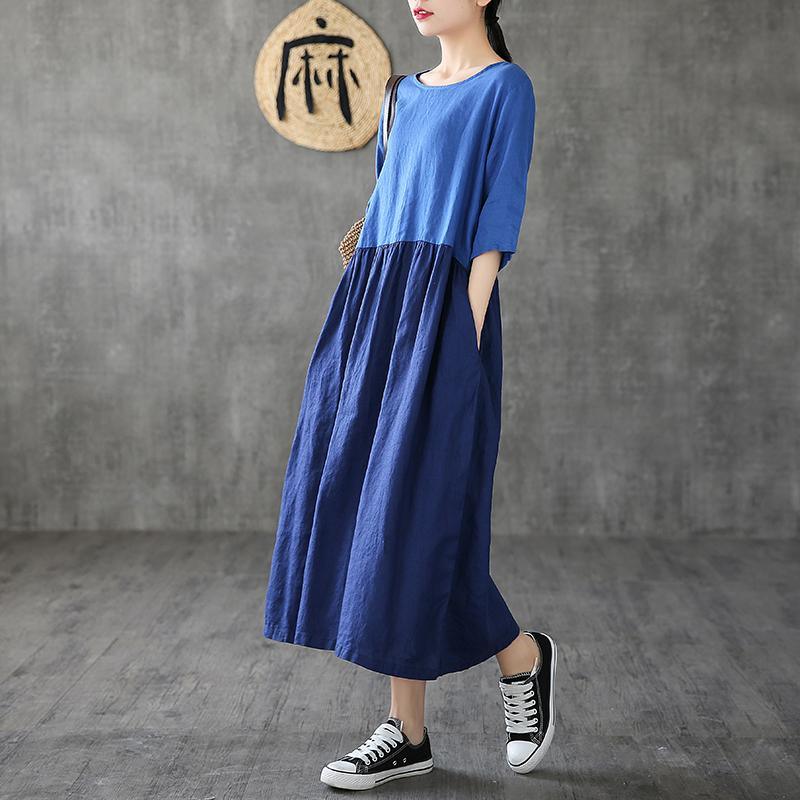 Women Patchwork Half Sleeve Linen Dresses Fashion Ideas Blue Dress Summer ( Limited Stock) - Omychic