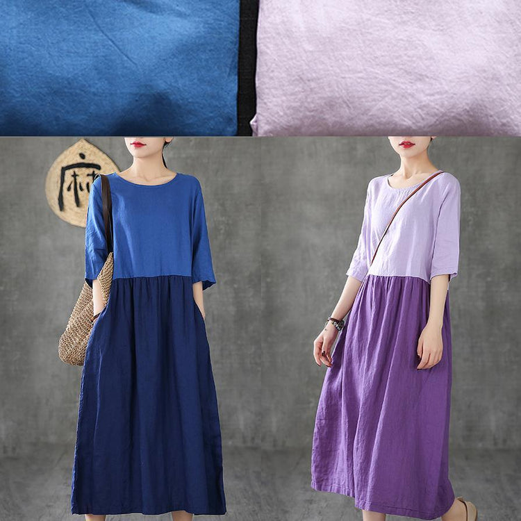 Women Patchwork Half Sleeve Linen Dresses Fashion Ideas Blue Dress Summer ( Limited Stock) - Omychic