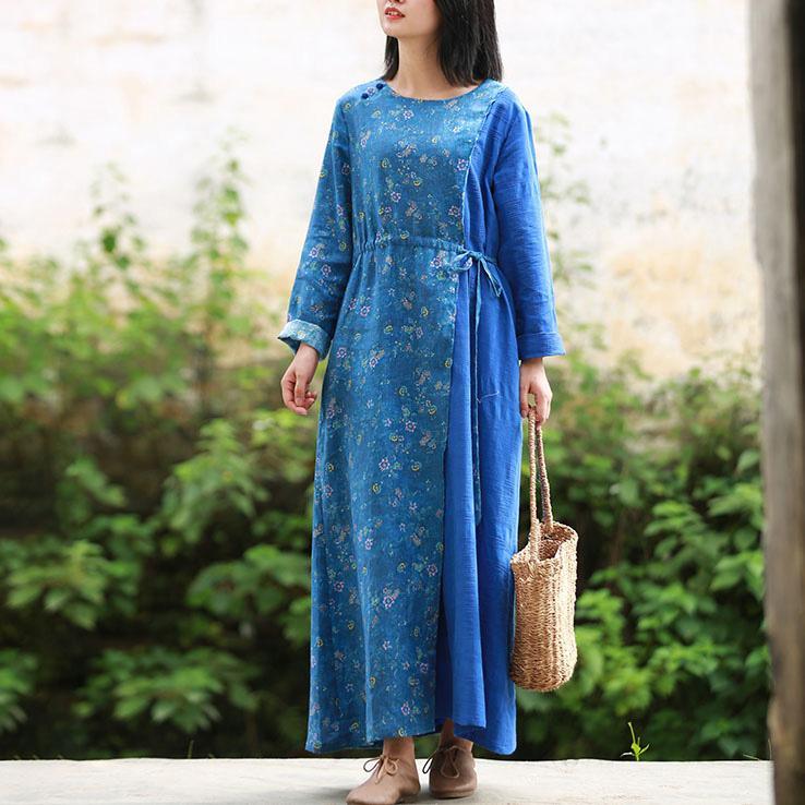 Women patchwork linen Robes Work Outfits blue prints Dress fall - Omychic