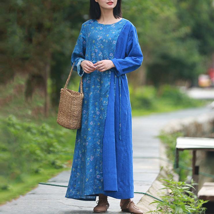 Women patchwork linen Robes Work Outfits blue prints Dress fall - Omychic