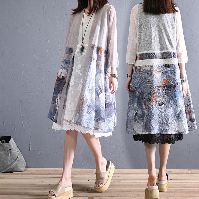 Women patchwork linen outwear v neck oversized summer cardigan - Omychic