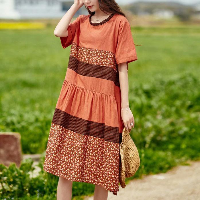 Women patchwork o neck cotton linen Robes Catwalk orange red print Dress summer - Omychic