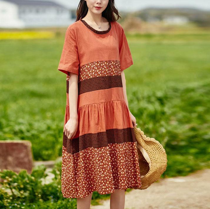 Women patchwork o neck cotton linen Robes Catwalk orange red print Dress summer - Omychic