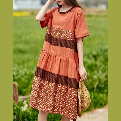 Women patchwork o neck cotton linen Robes Catwalk orange red print Dress summer - Omychic