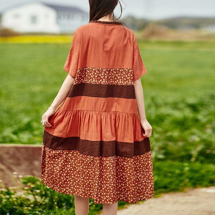 Women patchwork o neck cotton linen Robes Catwalk orange red print Dress summer - Omychic
