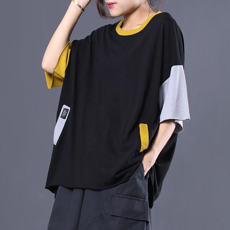 Women patchwork short sleeve cotton clothes For Women Work Outfits black blouse summer - Omychic