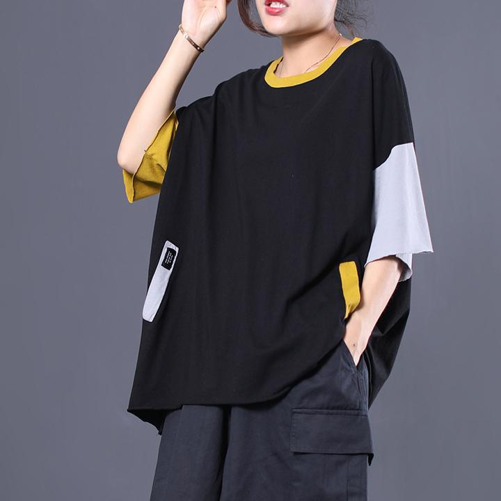 Women patchwork short sleeve cotton clothes For Women Work Outfits black blouse summer - Omychic