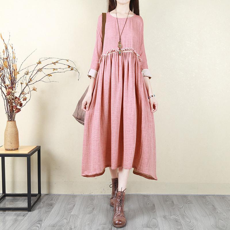 Women pink cotton quilting clothes Fashion Neckline o neck Batwing Sleeve Plus Size Clothing Dress - Omychic