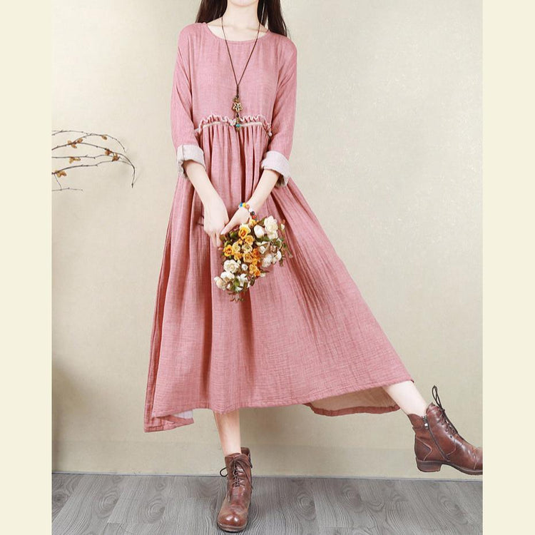 Women pink cotton quilting clothes Fashion Neckline o neck Batwing Sleeve Plus Size Clothing Dress - Omychic