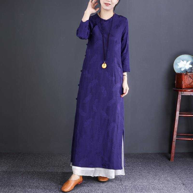 Women purple linen dress Organic Outfits o neck side open Art Dress - Omychic