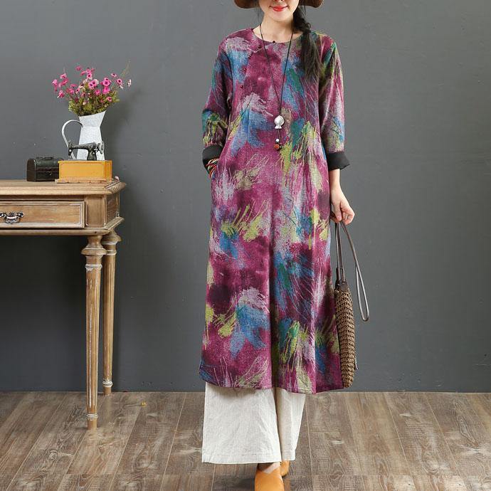 Women purple print cotton outfit o neck pockets long fall Dress - Omychic