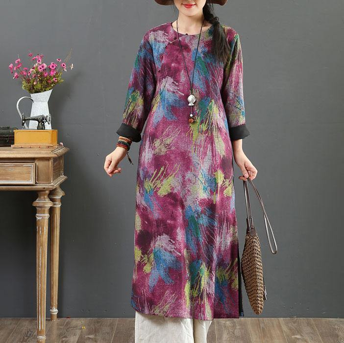 Women purple print cotton outfit o neck pockets long fall Dress - Omychic