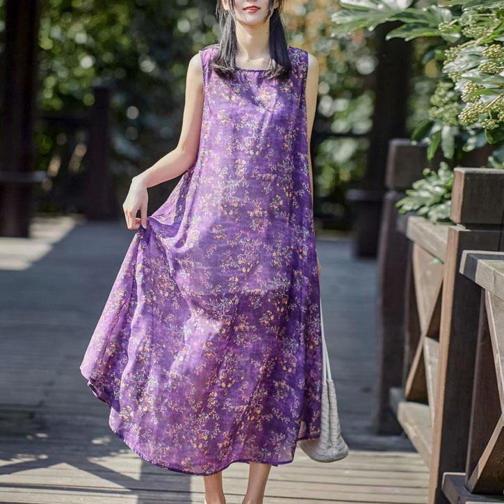 Women purple print linen Robes o neck sleeveless cotton summer Dresses - Omychic