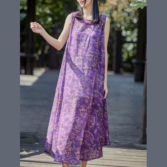 Women purple print linen Robes o neck sleeveless cotton summer Dresses - Omychic