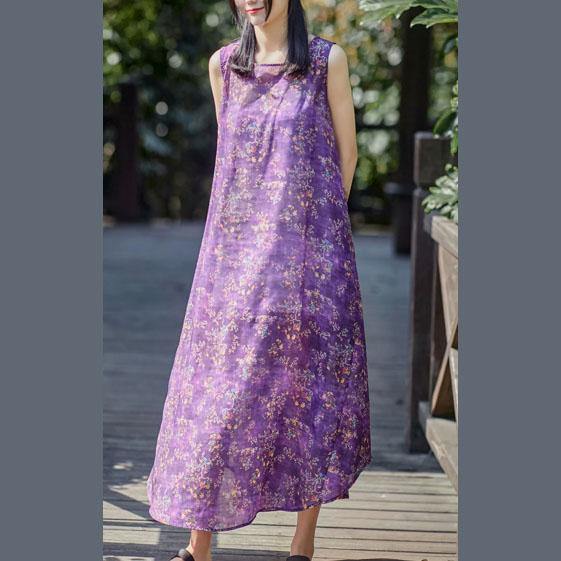 Women purple print linen Robes o neck sleeveless cotton summer Dresses - Omychic