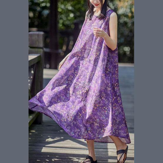 Women purple print linen Robes o neck sleeveless cotton summer Dresses - Omychic