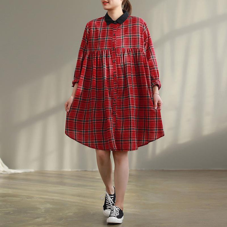 Women red Plaid Cotton quilting dresses Stitches Photography pockets baggy Dress - Omychic