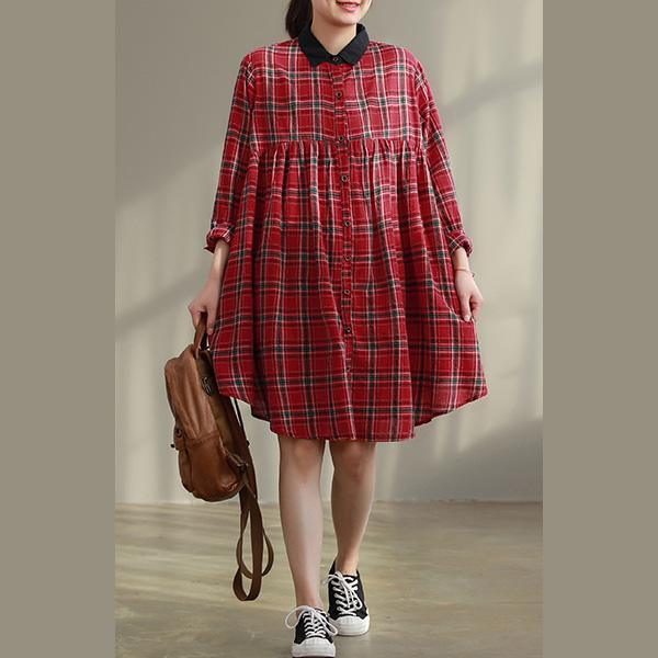 Women red Plaid Cotton quilting dresses Stitches Photography pockets baggy Dress - Omychic