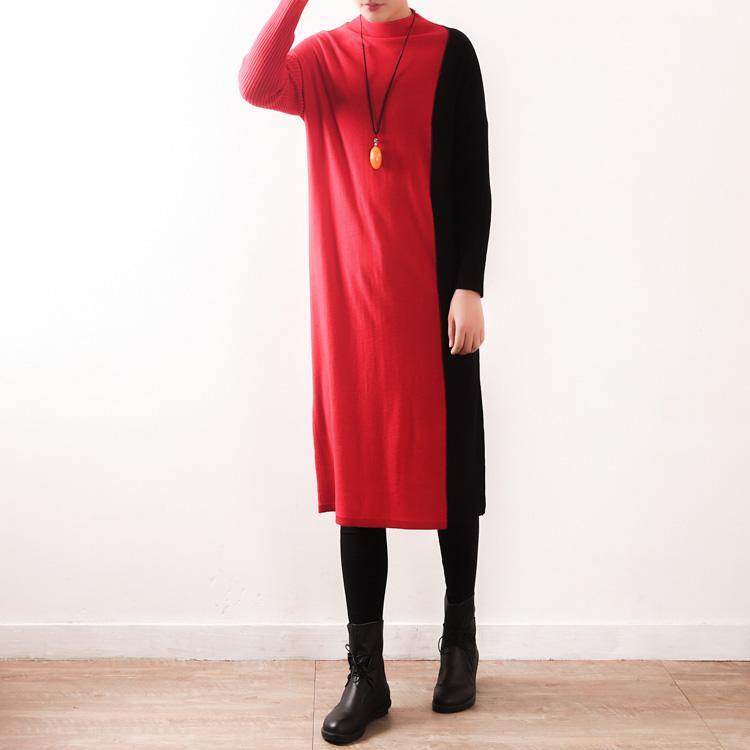 Women red Sweater Aesthetic Upcycle oversized high neck patchwork knit dress - Omychic