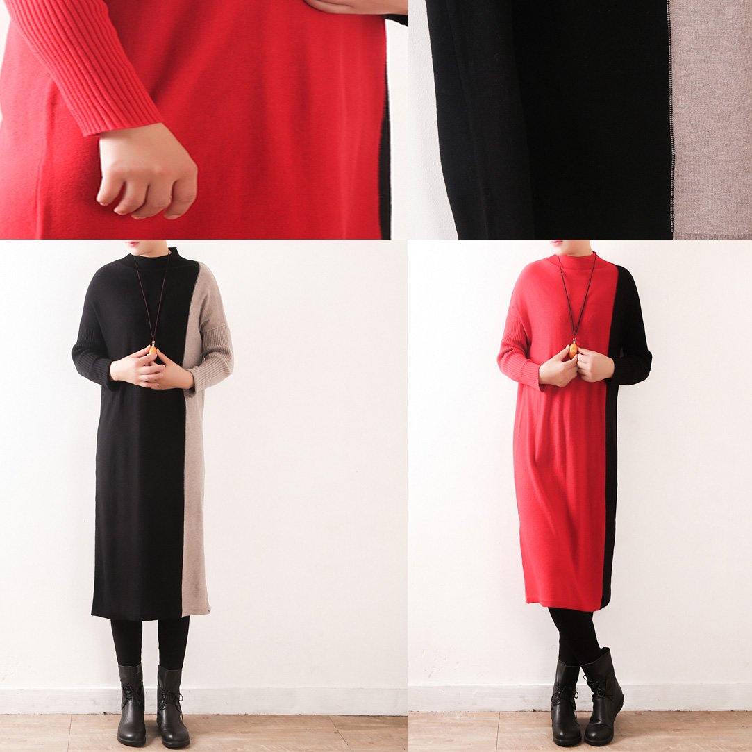 Women red Sweater Aesthetic Upcycle oversized high neck patchwork knit dress - Omychic