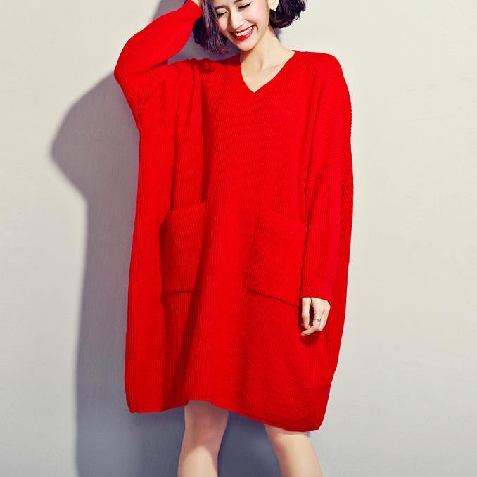 Women red Sweater dress outfit Quotes v neck DIY knitwear big pockets - Omychic