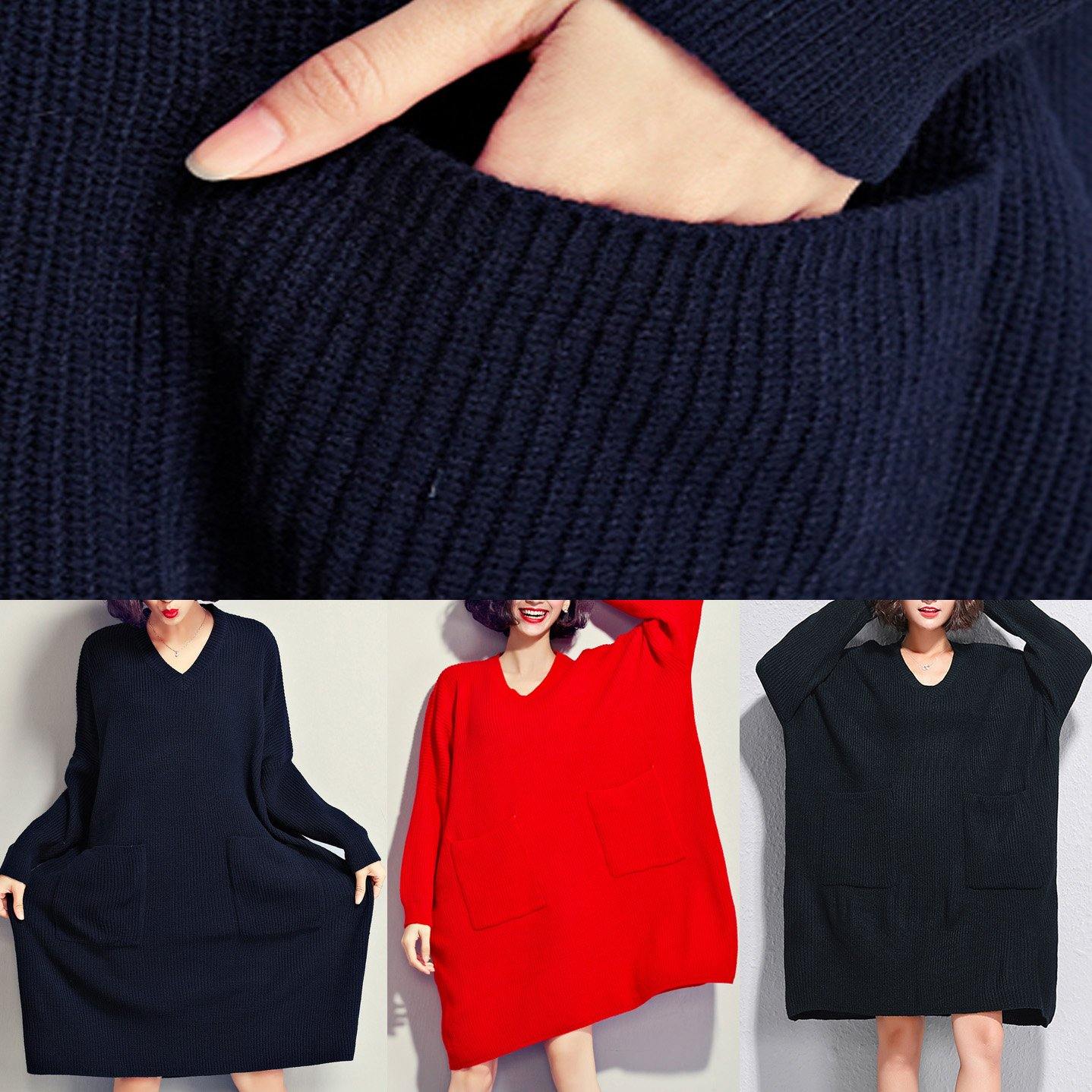 Women red Sweater dress outfit Quotes v neck DIY knitwear big pockets - Omychic