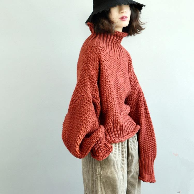 Women red Sweater fall tunic knitwear high neck - Omychic