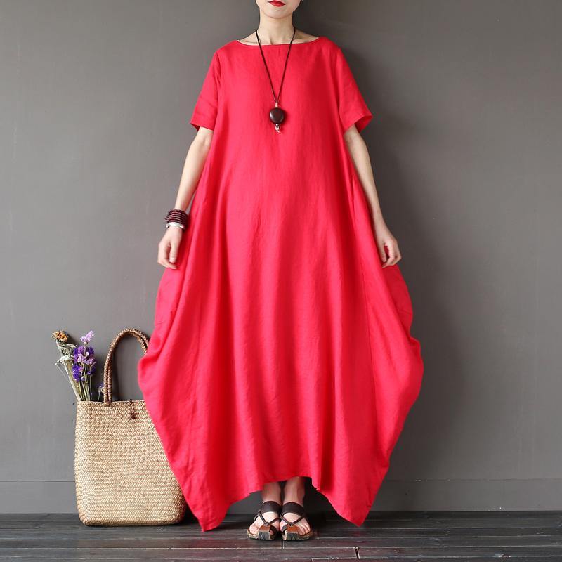 Women red cotton clothes Boho design o neck asymmetric Traveling Summer Dress - Omychic