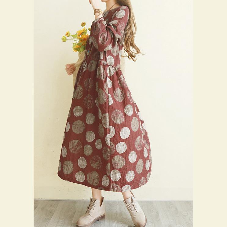 Women red dotted linen clothes For Metropolitan Museum o neck patchwork Maxi Dress - Omychic