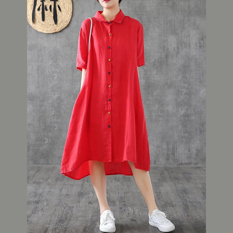 Women red linen Robes lapel Button Down linen robes Dress - Omychic