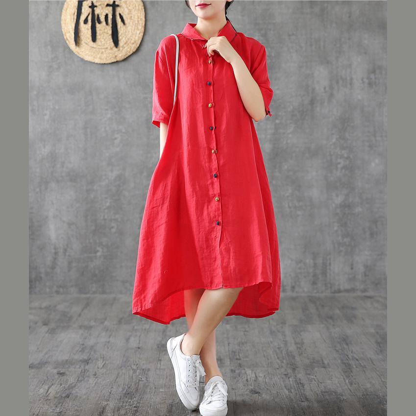 Women red linen Robes lapel Button Down linen robes Dress - Omychic